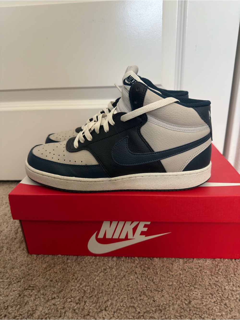 Nike Men’s Mid-Top Sneakers in White and Navy